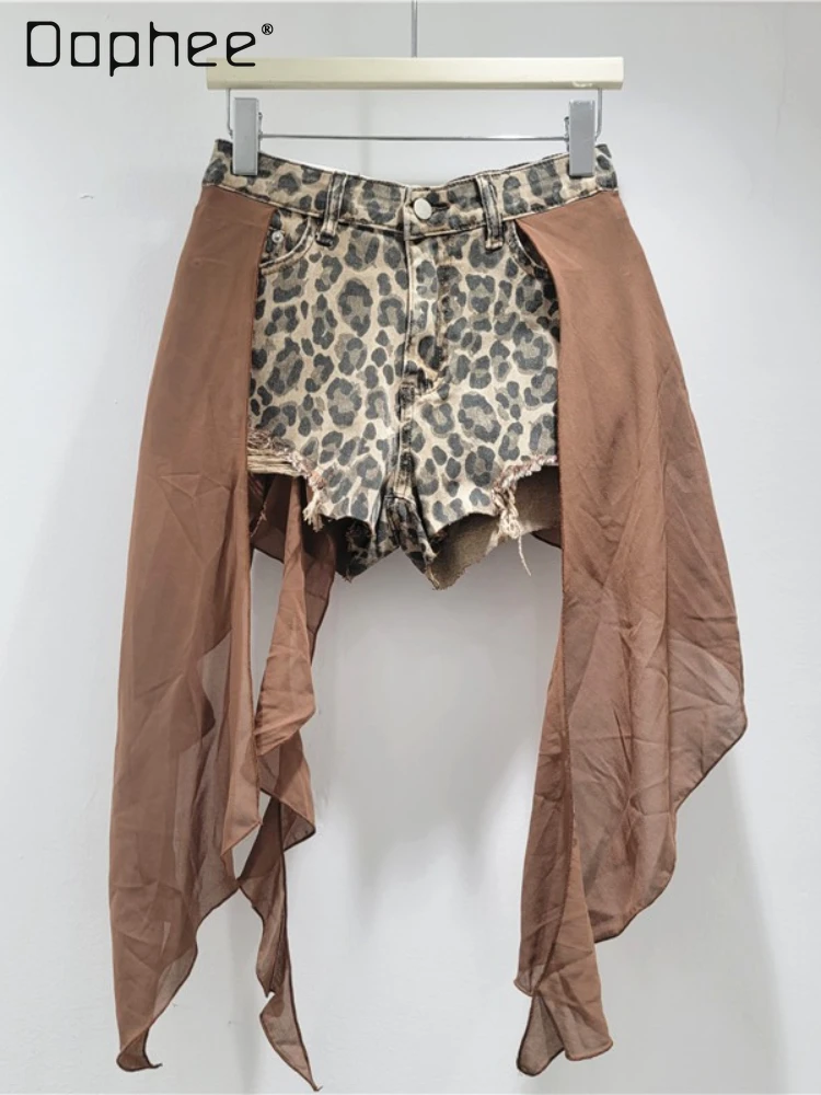 

Design Sense Elastic Denim Shorts Women 2025 New Summer Fart Curtain Splicing Irregular Leopard Print Shorts Womens Shorts