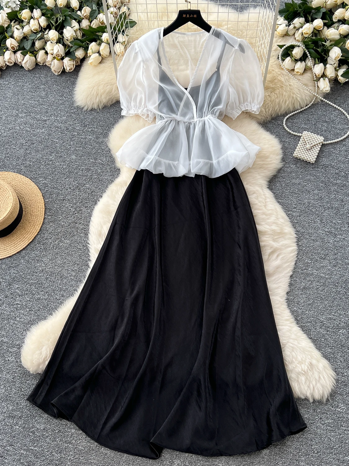 

Ele Light Maturi Sle Women's Summer Faion V-ne Bubble Sve Gathered Waist Dr with Sa Satin Material