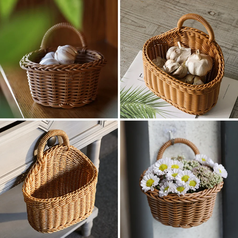 Hanging Woven Rattan Storage Basket Wall-mounted Straw Basket Grass Wicker Flower Plant Vase Pot Garden Decoration Storage Rack