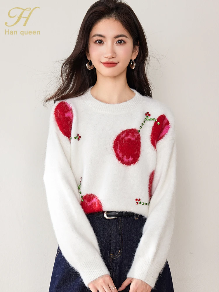 H Han Queen 2024 New Christmas Sweater Female Clothing Knitwears Diamond Studded Lazy Style Loose Casual Tops Loose Pullovers