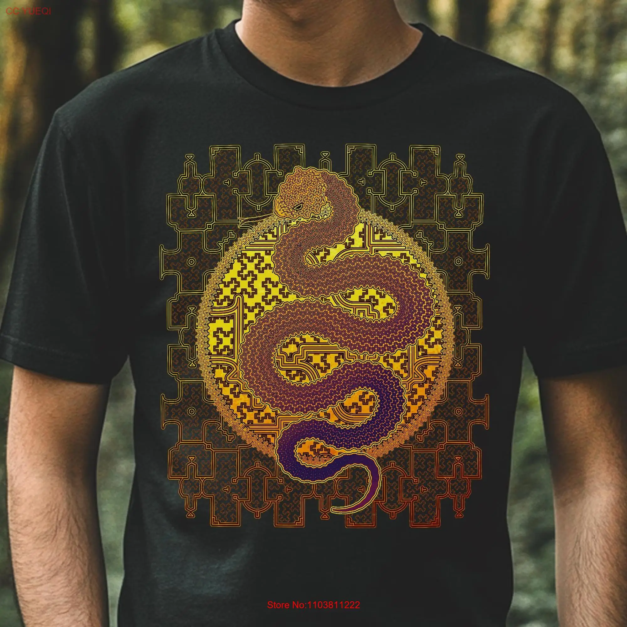 Shipibo Conibo patrón psicodélico serpiente cósmica Ayahuasca arte chamánico visión artificial Festival de la selva desgaste camiseta espiritual