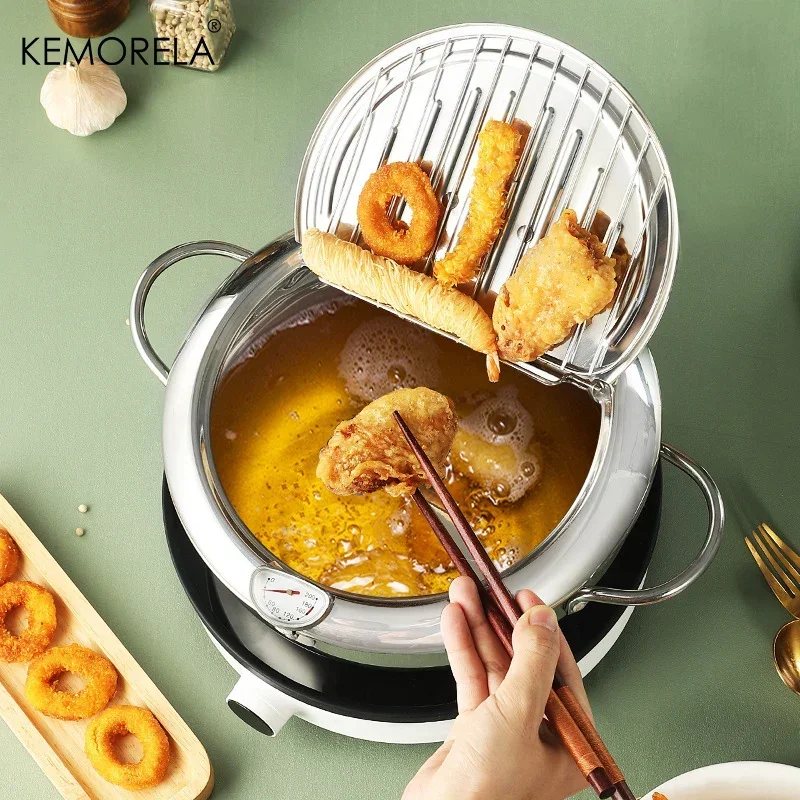 KEMORELA 20CM/24CM Frying Pot With Thermometer Stainless Steel Kitchen Tempura Fryer Pan  Oil Saving French Fries Frying Pan