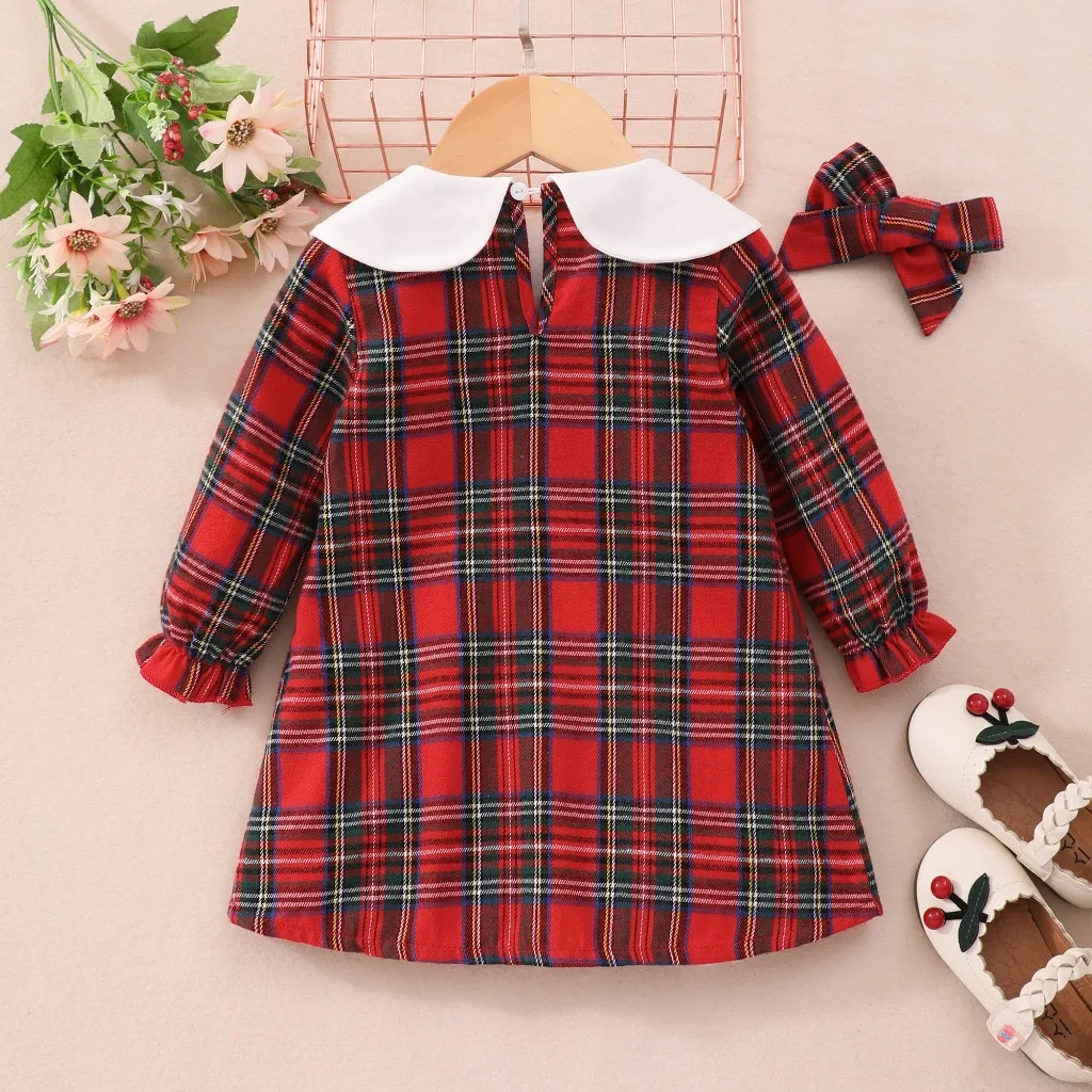 2024 Dress Baby Girl Clothes Long Sleeve 1 2 3 4 5 Years Red Plaid Cute Pretty Birthday Party  Princess Dress For Kids Girl