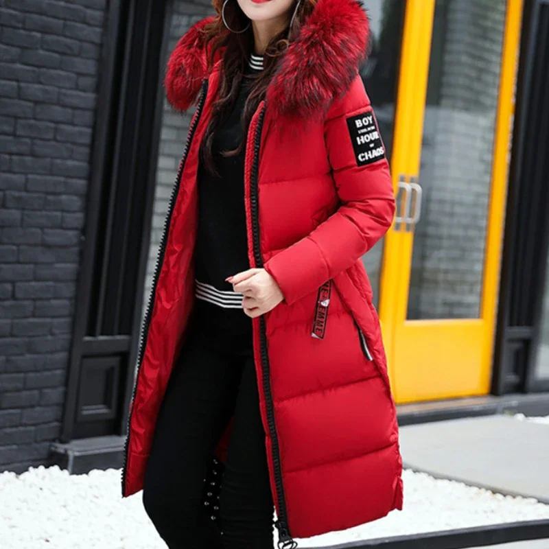 Veste longue en coton de style britannique pour femmes avec col en fourrure, parkas épaisses, vêtements rouges, haute qualité, automne, hiver, nouveau, 2024