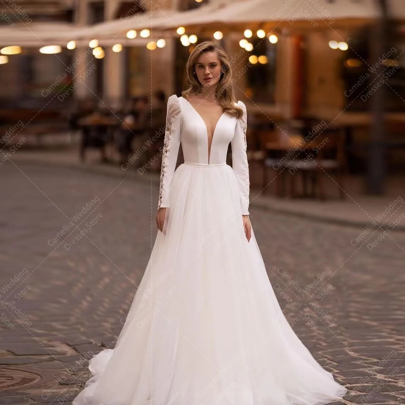 Robes de mariée de luxe pour femmes, ligne A, col en V profond, appliques en dentelle sexy, manches longues, mariée formelle élégante, quelle que soit la robe éducative