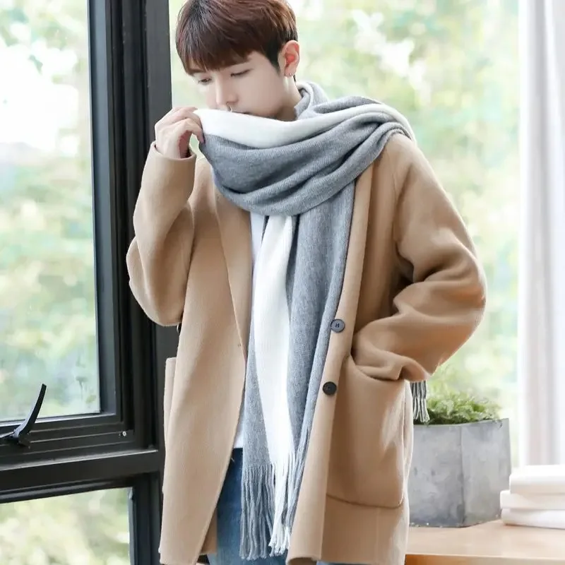 New Korean Version Scarf Men's Winter Simple Versatile English Men's Scarf Wool Scarf Thickened Student Long Style Warm