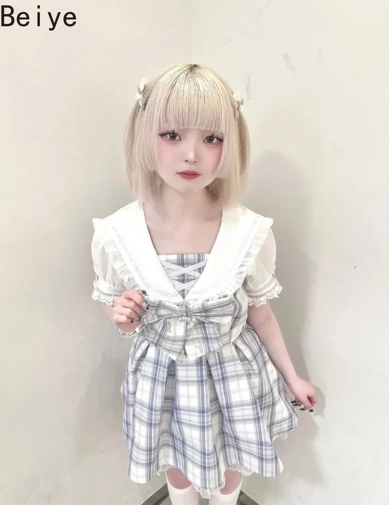 Cute Jirai Kei Women 2Pcs Outfit Lace Short Sleeve Sleeve Dress and Short Set Female Bow Rhinestone Sweet Lolita Dress Suit