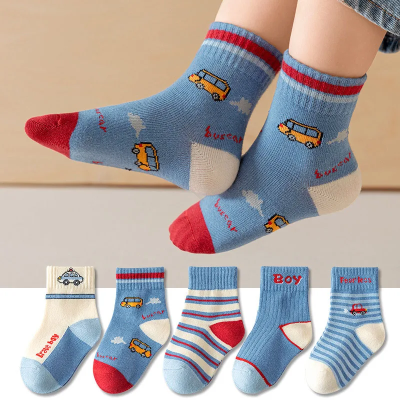 5 Pairs Boys Socks Cartoon Car Bus Stripe Pattern Comfortable Socks For Kids Baby