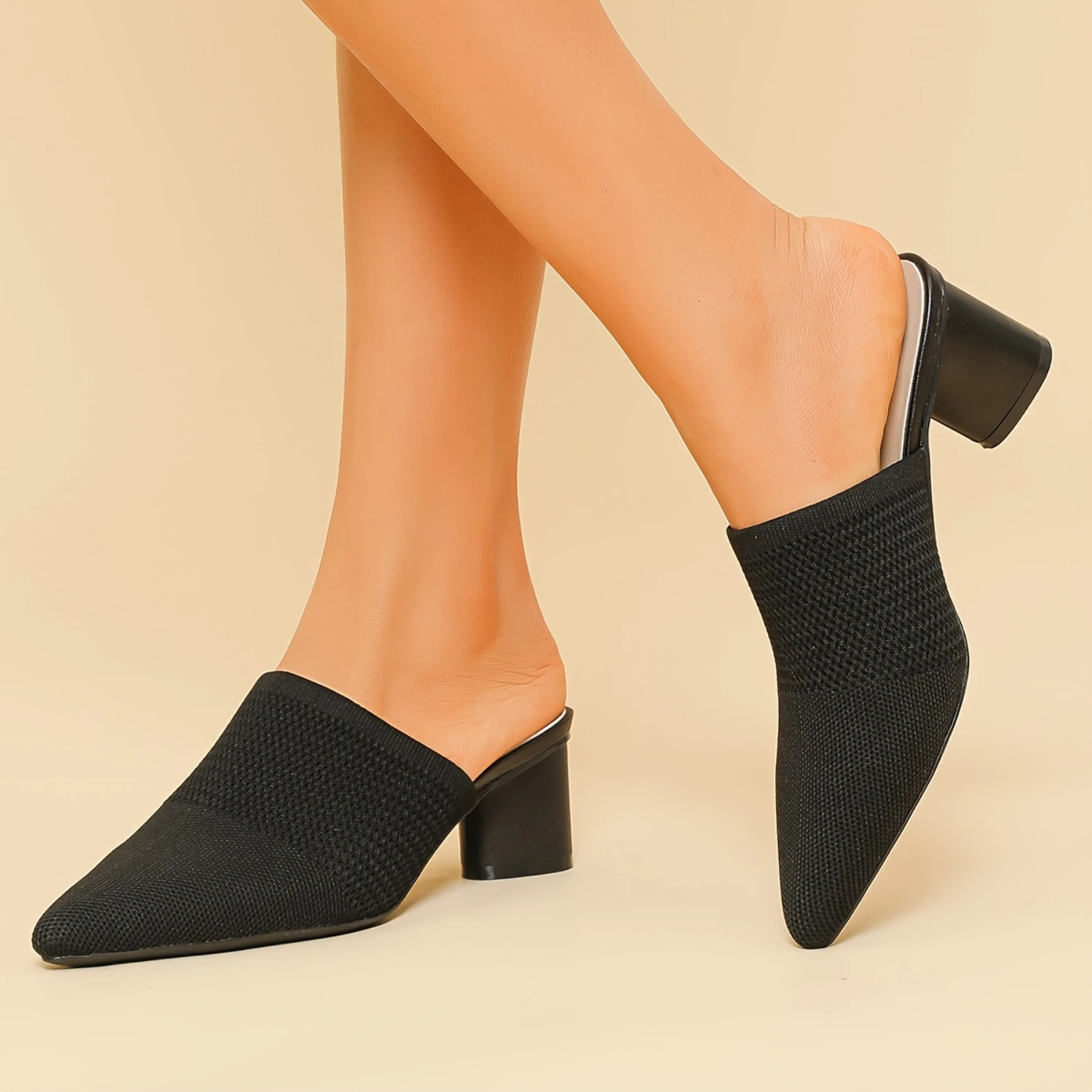 Women's Solid Color Block Heels, Elegant Point Toe Dress Pumps, Breathable Knit Slip On Heels