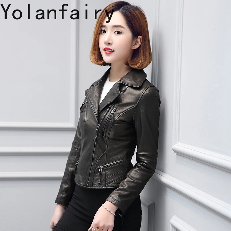 YOLANFAIRY سترة جلدية حقيقية قصيرة للغاية للنساء لربيع وخريف معطف جلد الغنم الحقيقي النحيف ملابس عصرية للدراجات النارية