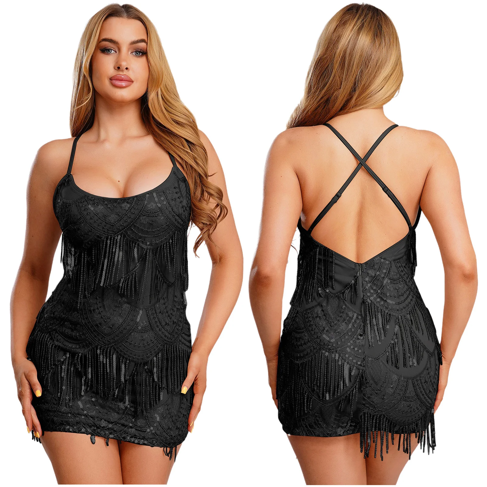 ชุดเดรสสั้นเซ็กซี่สำหรับผู้หญิง แต่งลายปัก ประดับพู่ระย้าและเลื่อม ทรงเข้ารูป เหมาะสำหรับงานเต้นรำละติน งานปาร์ตี้ และงานค็อกเทล