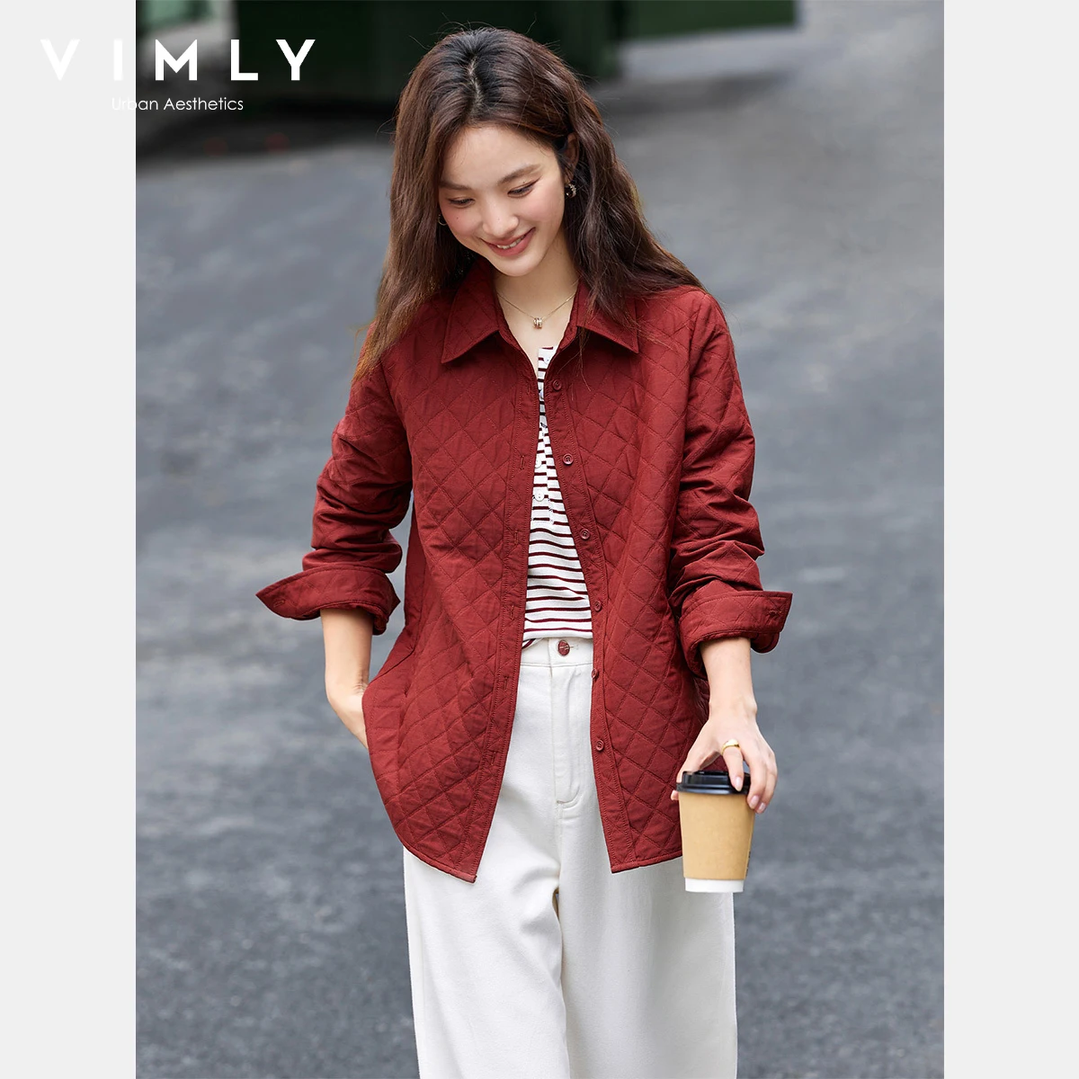 

VIMLY Red Jacket Autumn 2025 American Retro Women Warm Diamond Pattern Quilted Jacket Polo Neck Long Sleeve Ladies Coats A2775