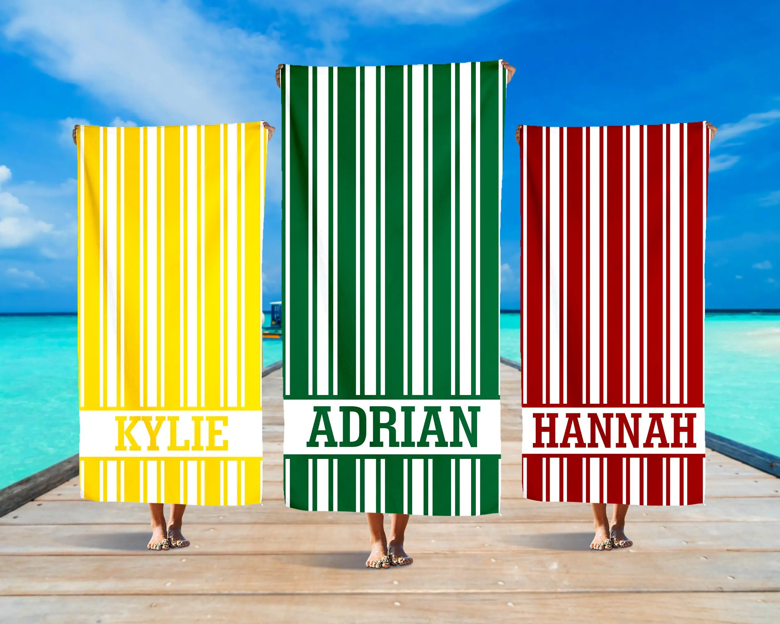 Divertida toalla de playa a rayas con nombre personalizado, Color brillante y líneas blancas, toalla de piscina, regalo personalizado para adolescentes, toalla personalizada