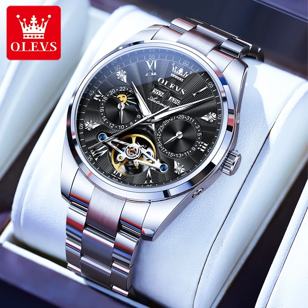 

OLEVS 7028 Flywheel Skeleton Automatic Watch for Men Dual Calendar Waterproof Luminous High Quality Stainless steel Wristwatches