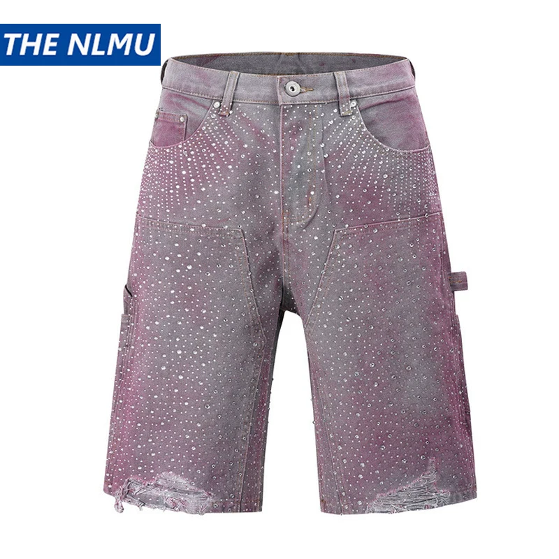 

Vintage Rhinestone Distressed Jean Shorts for Men Women Harajuku Streetwear Hip Hop Denim Short Pants Retro Shorts