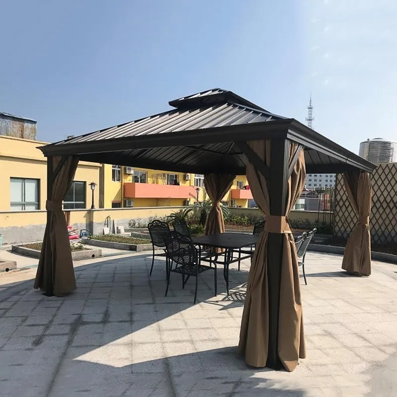 Wonderful WDF876 Luxury Aluminum Hardtop Gazebo Double Polycarbonate Roof Modern Wood Looking Outdoor Furniture for Garden Patio