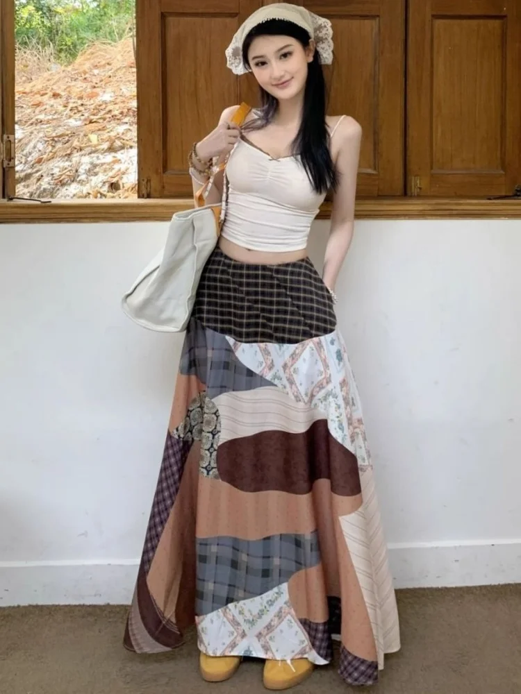 2026 Y2k Aesthetic Plaid Patchwork Skirts Womens Harajuku High Waist Pocket Vintage Skirt Streetwear A-Line Grunge Gothic Faldas