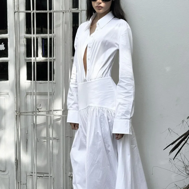 

Women's Clothing2025Spring and Summer New White Commuting PleatedALong Dress with Turn-down Collar and Long Sleeves for Women