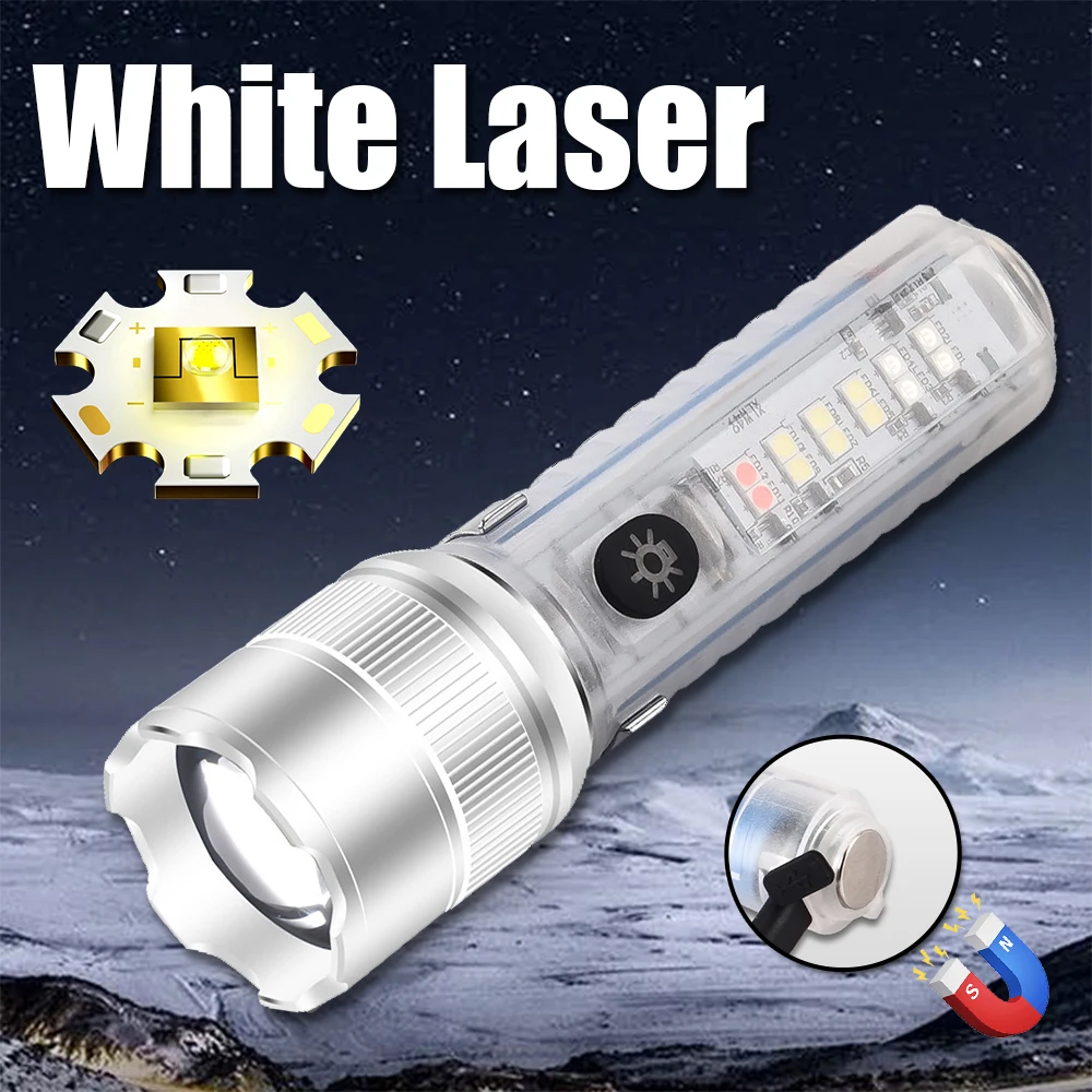 F2 Powerful Tactical Flashlight New Zoom Fishing Lamp Type-C Charging Red Blue Light Uv Band Magnetic Pen Clip Fluorescent