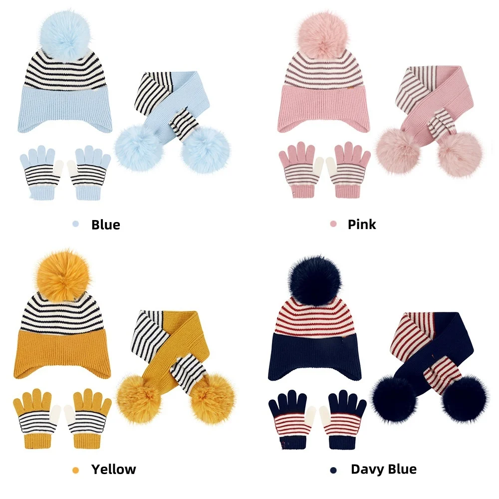 Classic striped Kids Jacquard Warm Knitted Scarf Children soft Scarf with pom Winter Cap baby girl boy Beanie Hat Scarf Set