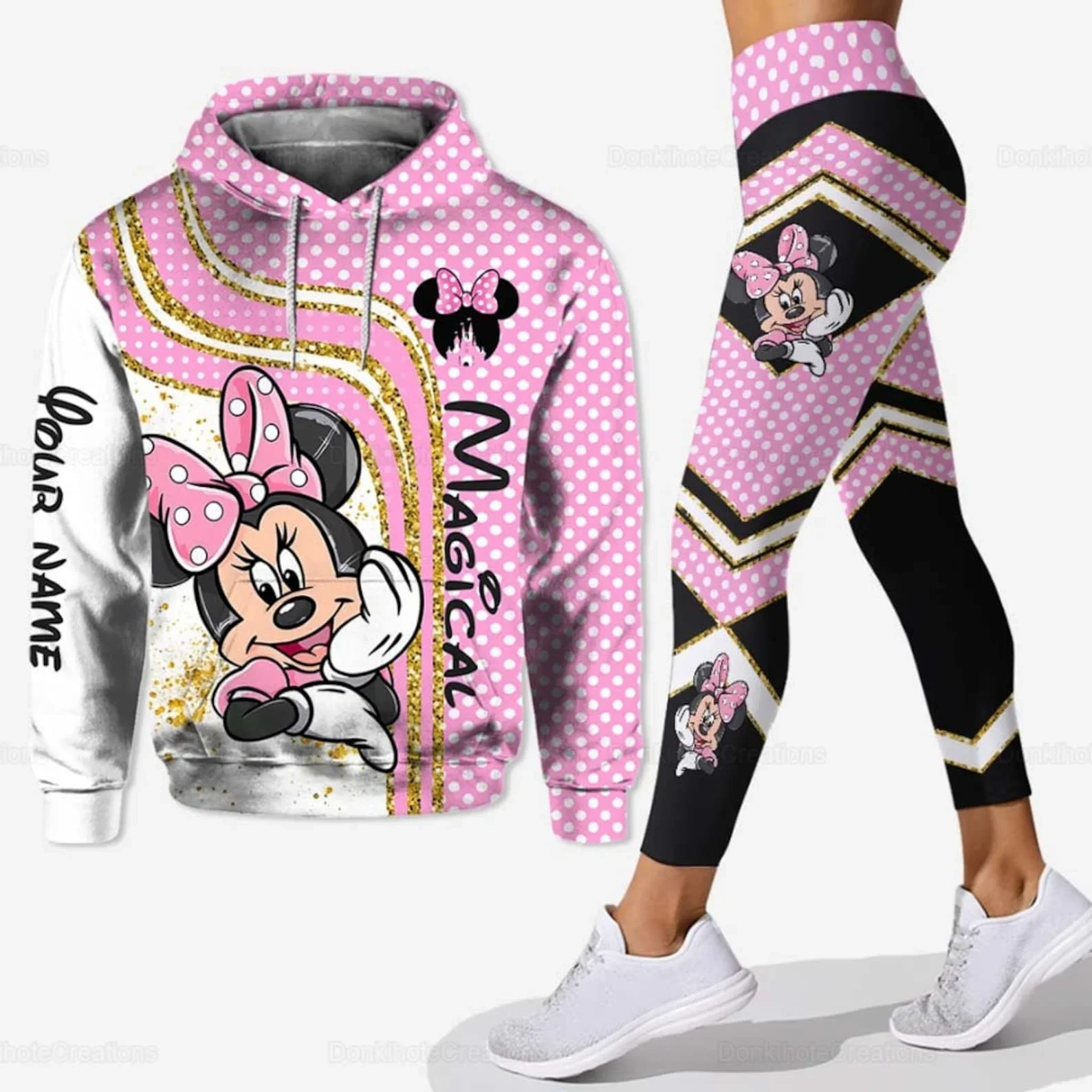 Disney-Ensemble de sweat à capuche et leggings Minnie 3D pour femme, pantalon de yoga mignon, pantalon de survêtement, leggings décontractés, piste