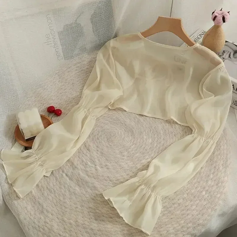 See Through Jackets Women Summer Sheer Lace-up Lovely Sun-proof Thin Fashion Aesthetic Korean Style Sweet Crops Streetwear Coats