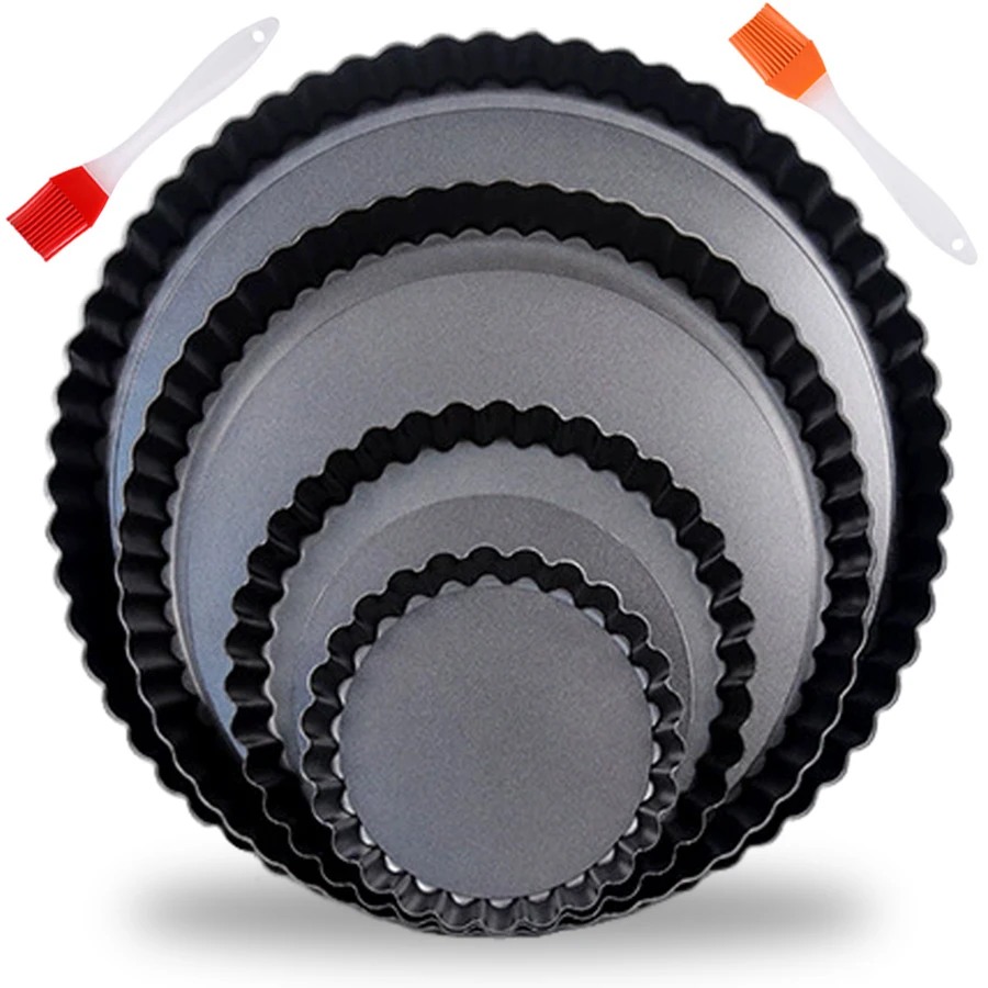 Non-Stick Fluted Tart Pan with Removable Bottom & Oil Brush(color random), Round Quiche Pie Pan, Carbon Steel Pizza Baking Dish,