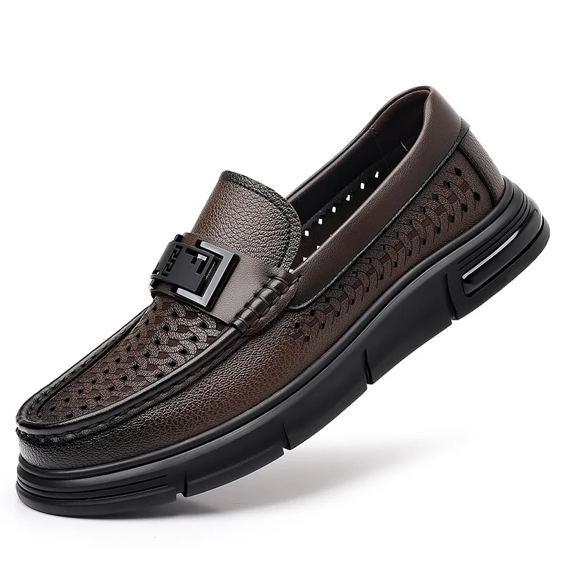 

Лето 2025 г., повседневная кожаная обувь Hallow для мужчин, модная новая дизайнерская однотонная роскошная обувь, мужская деловая обувь в британском стиле