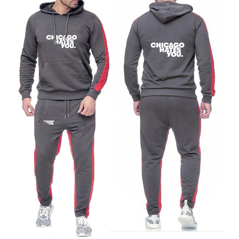 

Chicago Hates You Same Print 2025 Men's New Spring And Autumn Solid Color Harajuku Hoodies+Casual Sweatpants Suit