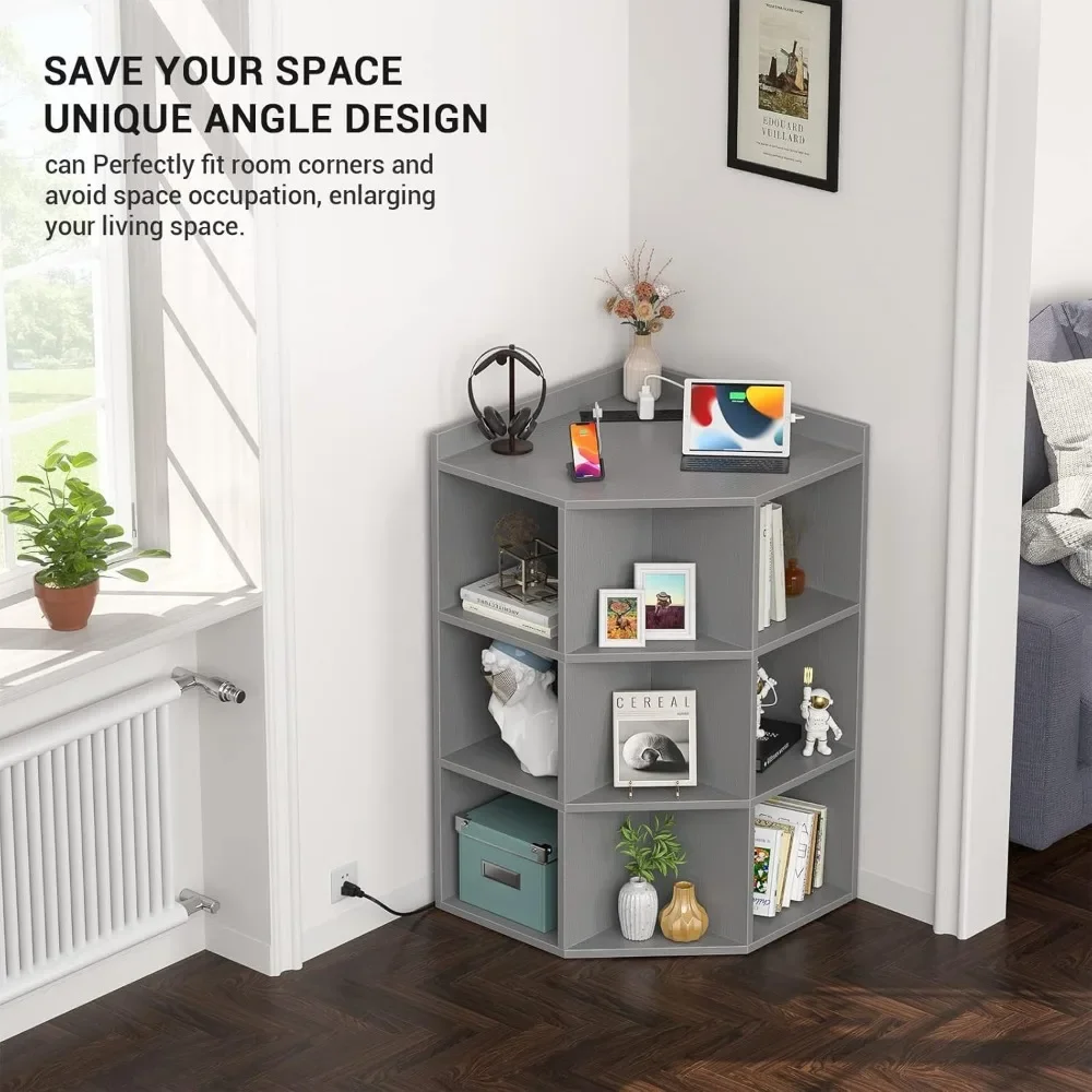 Corner Cabinet Storage with USB Ports and Outlets Cube Toy Storage for Small Space Wooden Corner Cubby Bookshelf