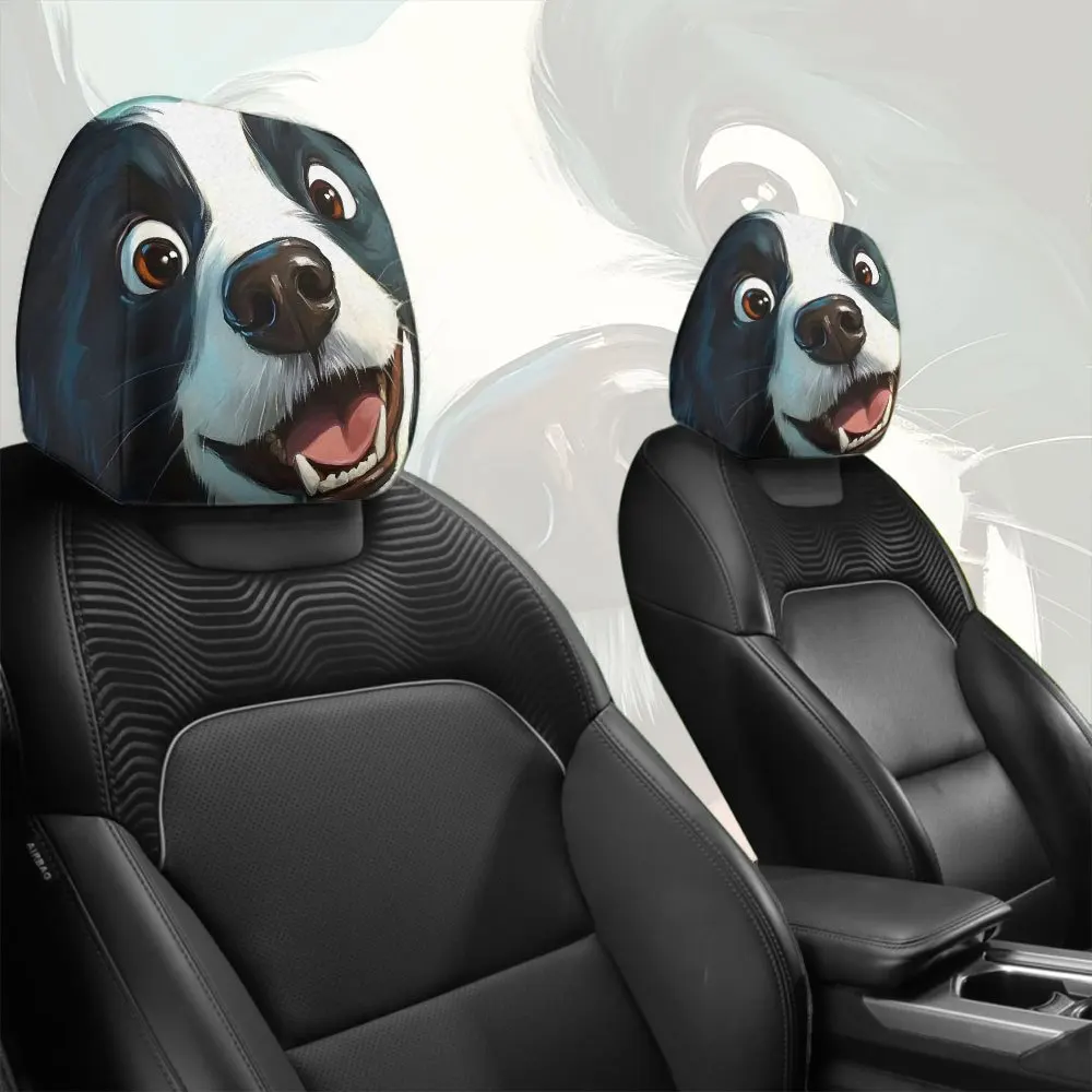 Border Collie Cartoon Print Car Headrest Cover, Snug & Comfortable, Daily Commute Car Seat Headrest Cover