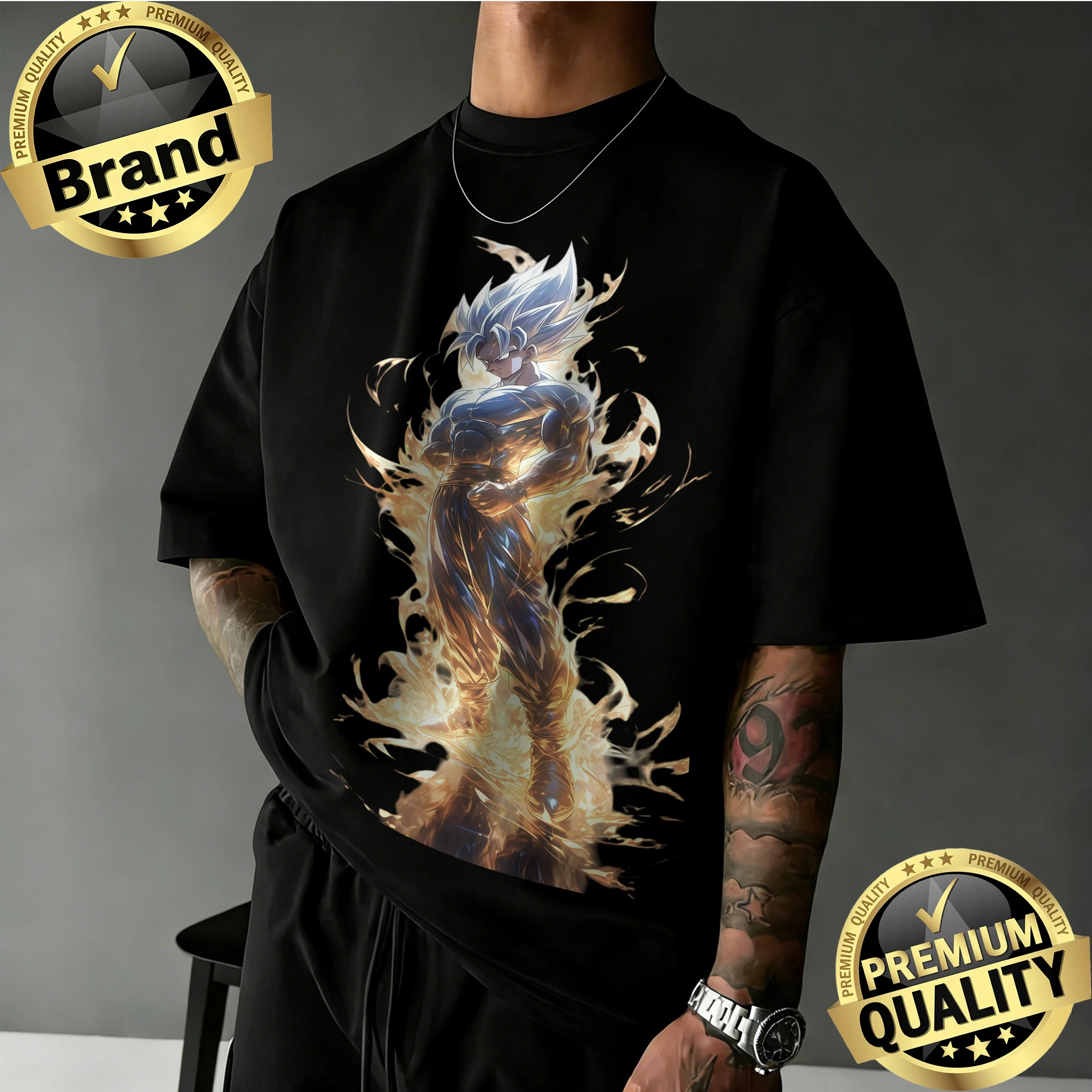 Camiseta Extra Grande de Dragon Ball, Nueva Llegada 2026 | Camiseta informal de anime con estampado gráfico Goku Ultra Instinct Golden Aura, 100% algodón, Y2k