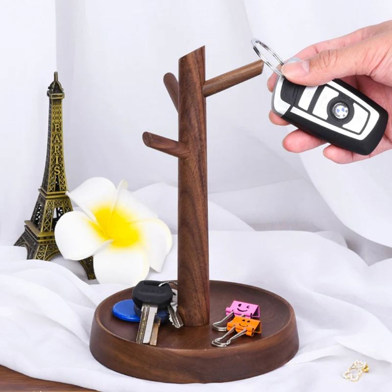 Natural Walnut Wood Branch Key Holder Multi Hook Organizer with Base Tray Entryway Dresser Key Jewelry Small Item Storage Decor