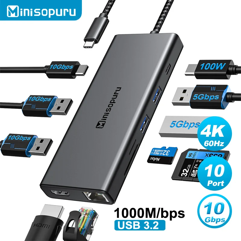 

Minisopuru USB C-концентратор типа C — 4K HDMI RJ45 PD 100 Вт SD/TF 10 Гбит/с Многопортовый USB-док-адаптер для MacBook Pro Air PC USB-концентратор