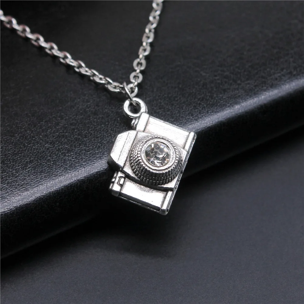 Dropshipping Antique Silver Color 20x16mm Camera With Crystal Pendant Necklace For Women