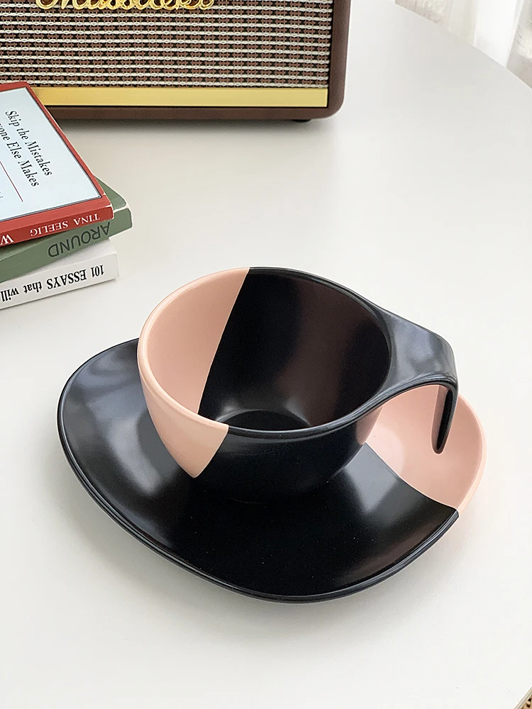 Matte Ceramic Splicing Cup Dish Set New Household 200ml Creative Handle Coffee Mugs Nordic Style Afternoon Tea Dessert Dish