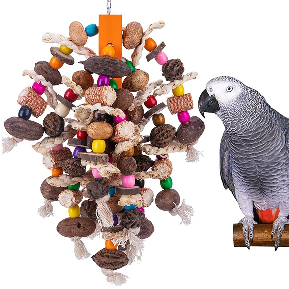 Large Parrot Chewing Toys Wooden Bird Cage Toy Natural Nuts Corn Parrot Toy for African Grey Macaws Cockatoos Other Large Birds