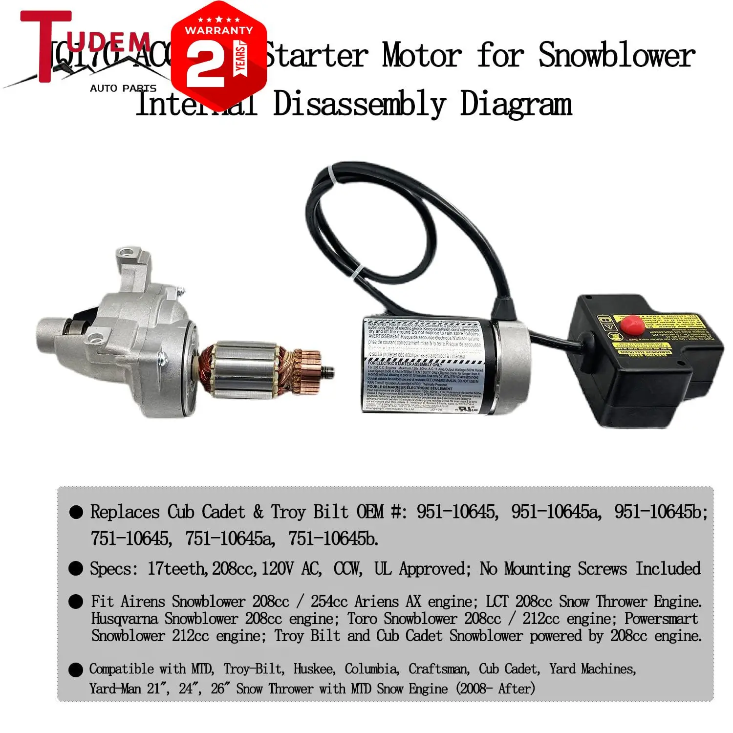 751-10645 Electric Starter Motor JQ170 Compatible with MTD Cub Cadet Troy Bilt Snow Thrower 951-10645A, 951-10645, 751-10645A