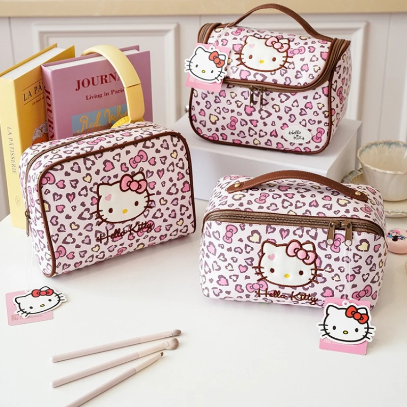 

New Sanrio Hello Kitty Leopard Makeup Bag Large Cosmetic Pouch Travel Toiletry handBag Cartoon Portable Makeup Storage Organizer