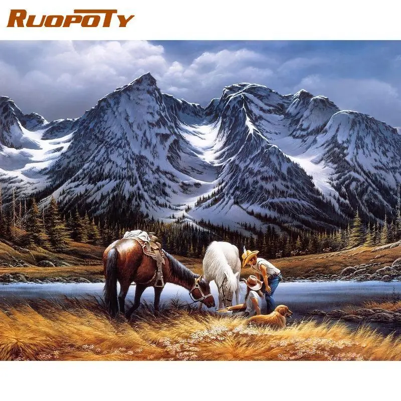 

RUOPOTY Frame Diy Painting By Numbers Kits Snow Mountain Horse Picture By Numbers Handicrafts For Personalized Gift Kill Time