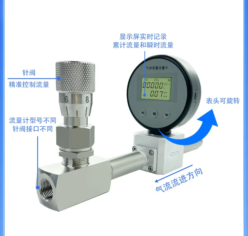 AMS2106 digital micro gas mass flowmeter straight tube section needle valve controller precisely controls the flow size