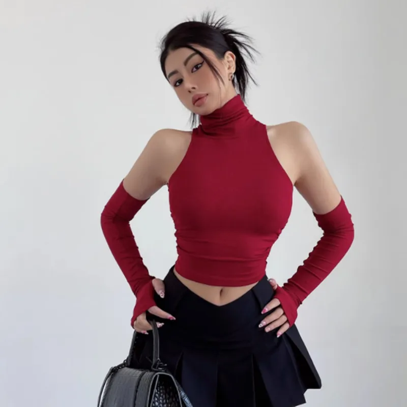 Elegant Fashionable Long Sleeve Shoulder Bared Arm Cover Design High Collar Waist Side Pleated Design Versatile Short Length Top