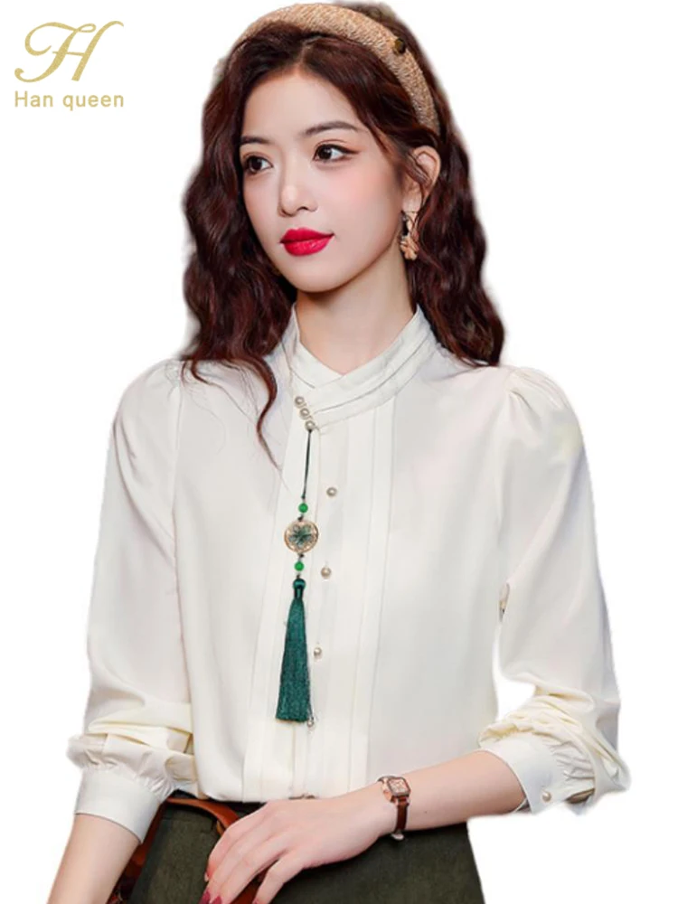 H Han Queen Elegant Blouse 2024 Autumn Chinese Style Chiffon Simple Blouse Loose Tops Long Sleeve Casual Shirt Womans Clothing