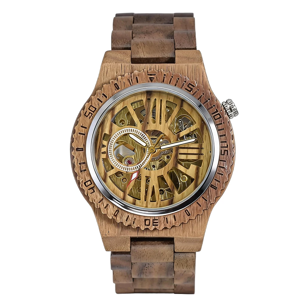 Men's Fashion Wooden Skeleton Automatic Mechanical Watch with Dual Display Luminous and Round Fold Clasp