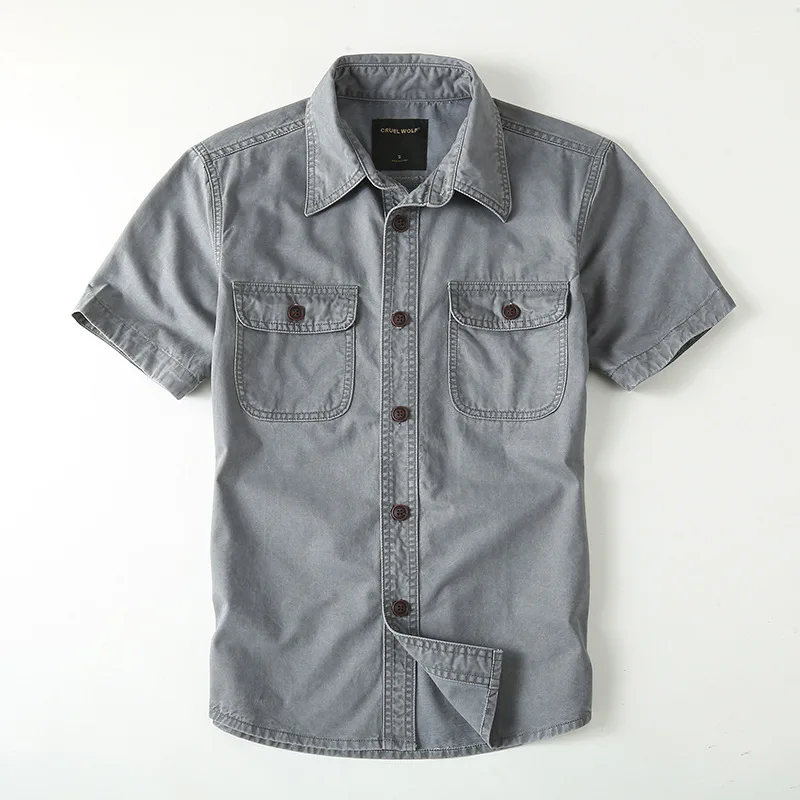 New American Retro Work Shirt, Men's Pure Cotton Short Sleeved Trendy Outdoor Leisure Multi Mouth Shirt, Men's Top