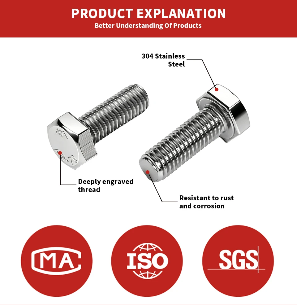 304 Edelstahl A2-70 DIN933 Sechskantschrauben mit Vollgewinde, metrische Befestigungselemente M3 M4 M5 M6 M8 M10 M12 – Detail 2