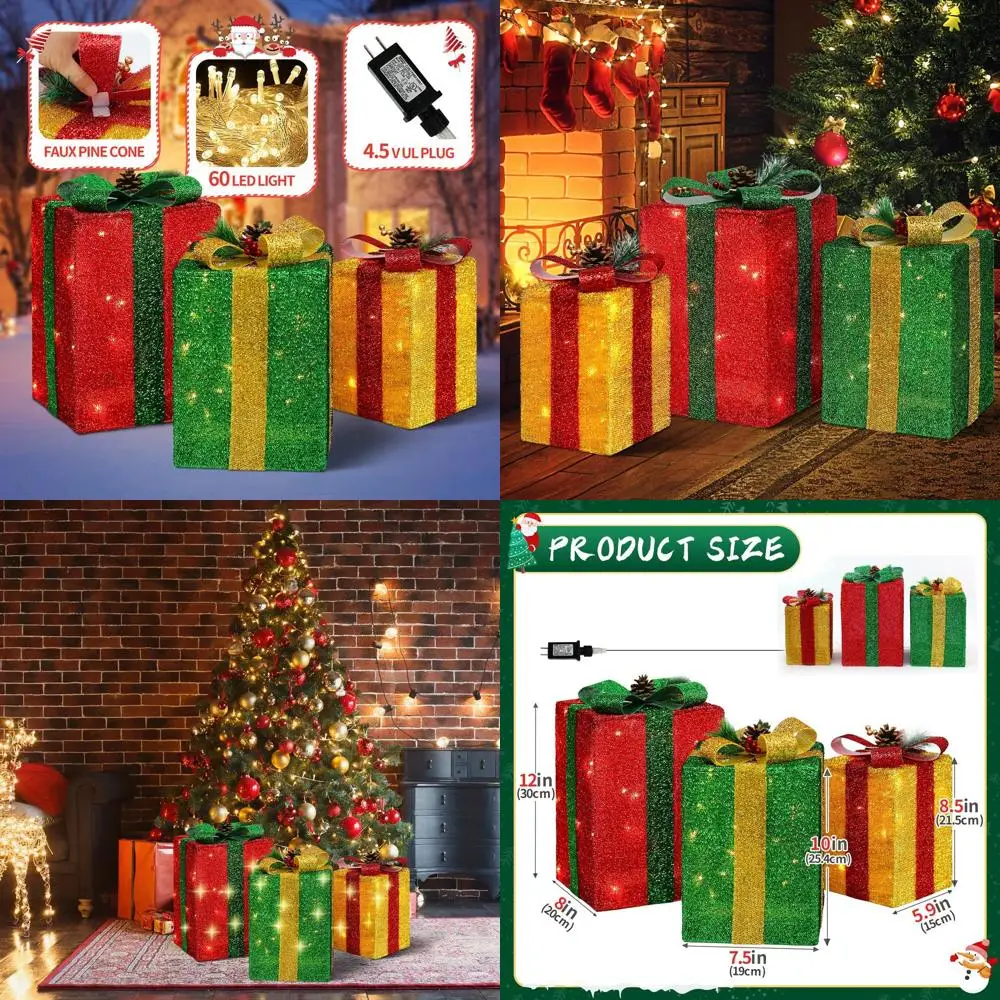 

3-Piece Tall Rectangular LED Christmas Gift Boxes - 60-Light Xmas Tree Skirt Ornament for Outdoor and Indoor Yard Decor