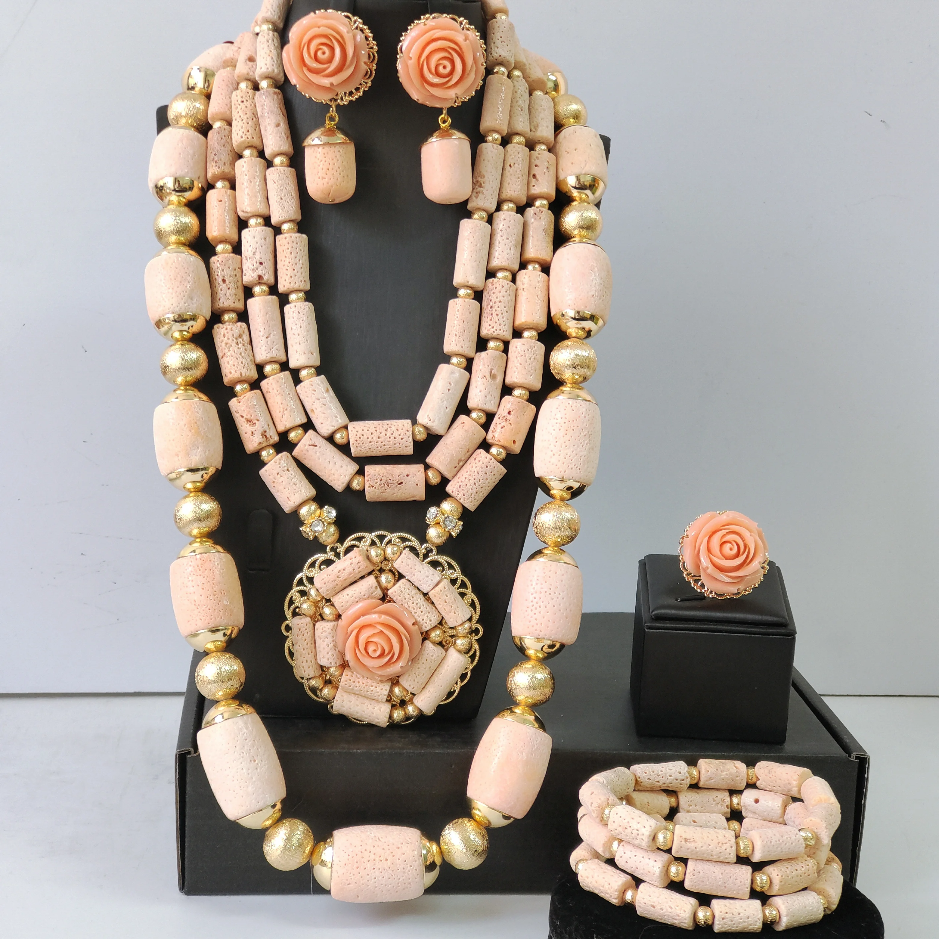 

Nigeria Fashion Large Coral Beads Jewelry Set Gold Plated Bridal Accessory Real Big Coral Jewelry Set for Weddings