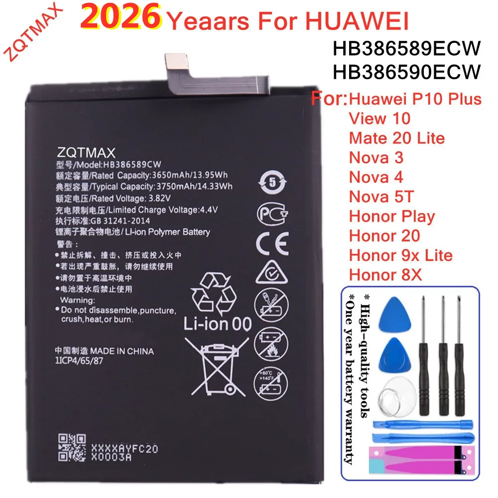 Batería de teléfono HB386589ECW de 3750mAh para Huawei Honor 8X 20 Play 9X Lite P10 Plus Nova 3 4 5T View 10 V10 Mate 20 Lite