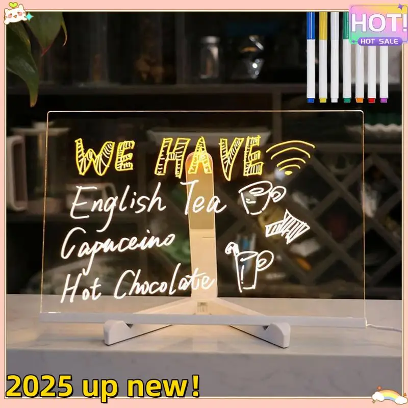 Elegante-2025 LED Color Note Board Acrílico Suporte Ajustável Placa de Mensagens, 7 Canetas Coloridas, 20X20cm.